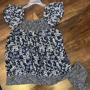 LADIES BLOUSE TOP APT.9 SIZE L BLUE WHITE FLORAL FULLY LINED SHORT CAP SLEEVE